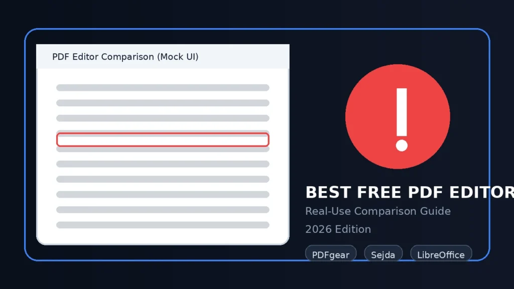 Best free PDF editors comparison thumbnail for 2026 showing a mock PDF editor UI and top tool names