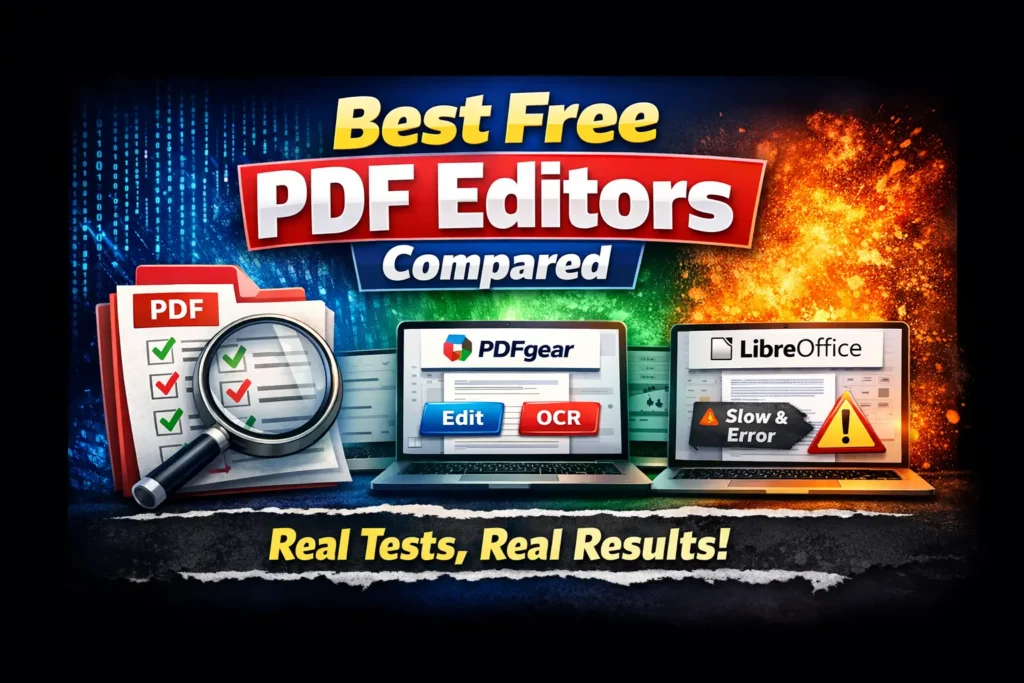 Best free PDF editors compared in 2026 showing PDFgear and LibreOffice with real test results and feature highlights