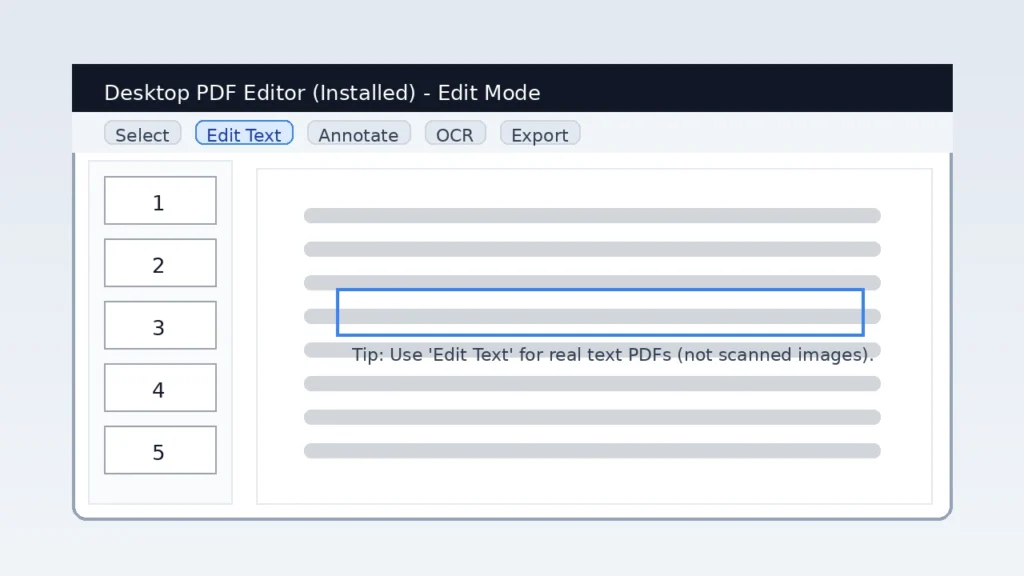 Installed desktop PDF editor interface showing edit text mode with toolbar and page thumbnails