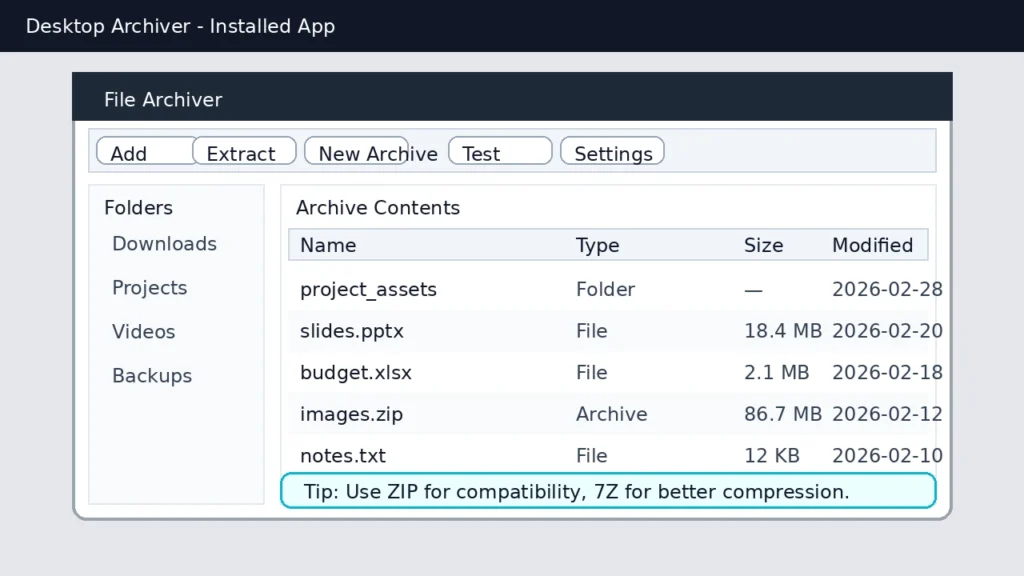 Installed desktop file archiver interface showing add extract new archive buttons and an archive contents list
