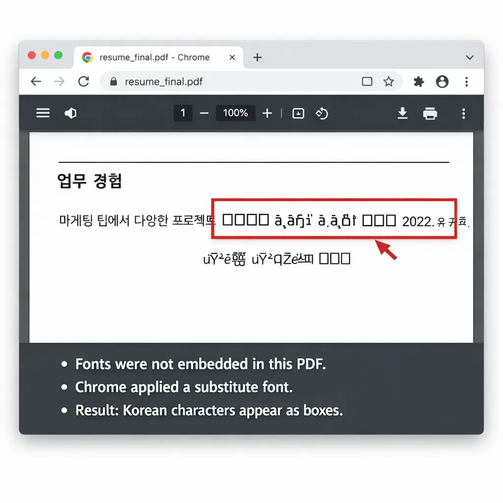 Chrome PDF viewer displaying Korean text as square boxes due to fonts not embedded
