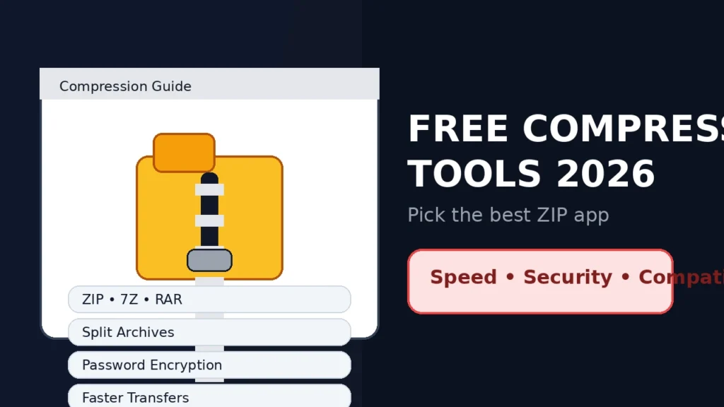 Free file compression tools 2026 thumbnail with ZIP archive icon and highlights for split archives encryption and compatibility
