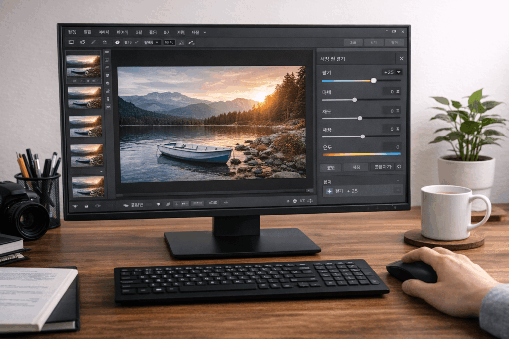 무료 이미지 편집 프로그램에서 밝기 조절 기능을 사용해 사진을 보정하는 작업 화면