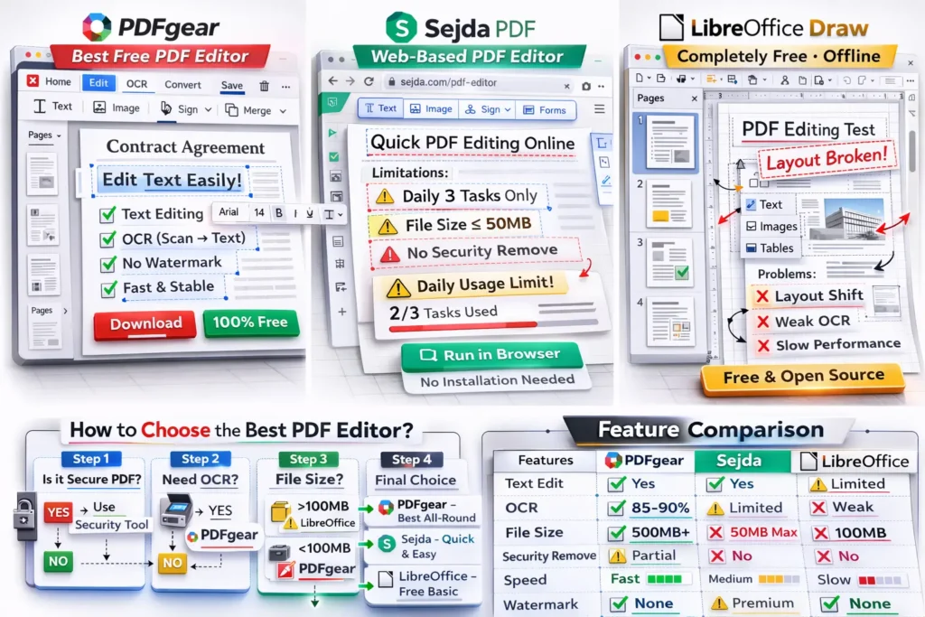 Infographic comparison of free PDF editors PDFgear, Sejda PDF, and LibreOffice showing features, pros, cons, and usage limitations