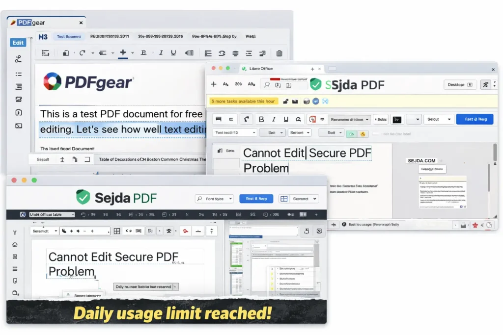 User interface comparison of free PDF editors including PDFgear, Sejda PDF, and LibreOffice showing editing limitations and feature differences