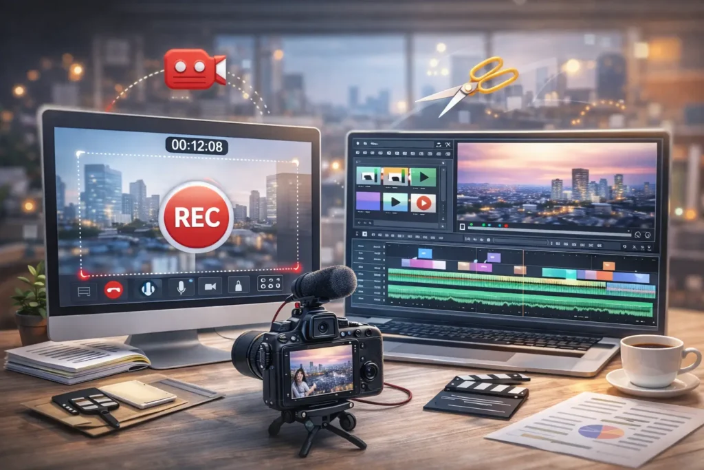 화면 녹화 프로그램과 동영상 편집 도구를 함께 사용하는 작업 환경 이미지