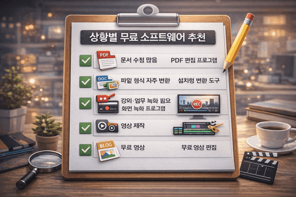 상황별 무료 소프트웨어 추천 체크리스트를 정리한 가이드 이미지