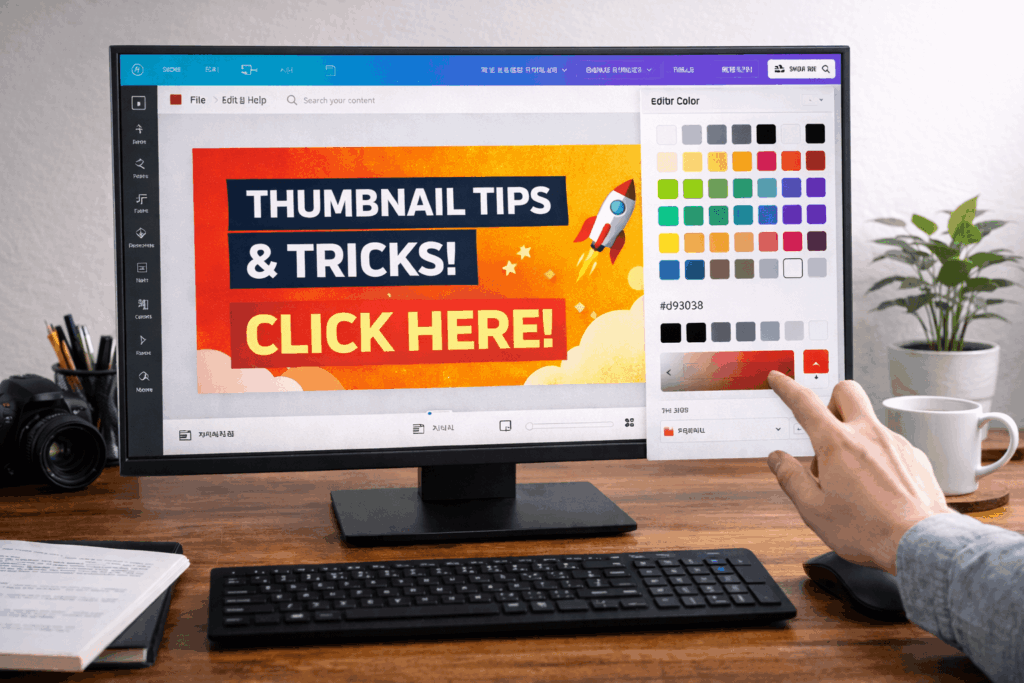 썸네일 디자인 소프트웨어에서 색상과 텍스트를 편집하는 작업 장면