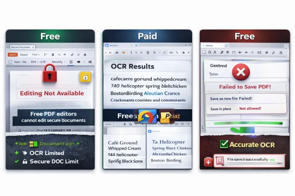 Comparison of free vs paid PDF editor interface showing editing restriction, OCR accuracy difference, and save failure error