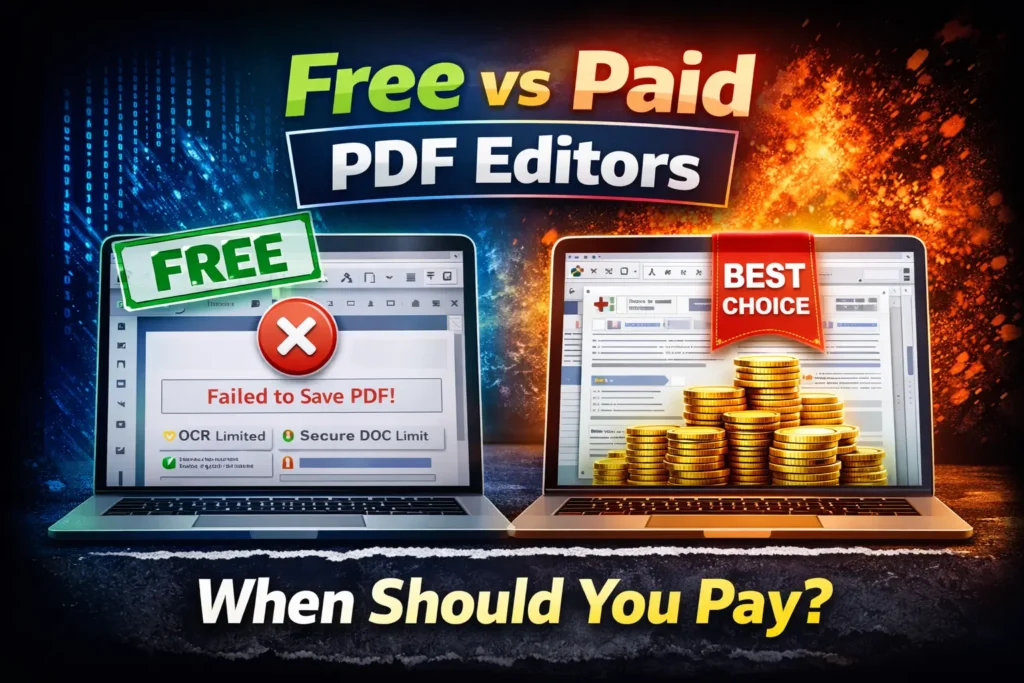 Free vs paid PDF editor comparison showing failed save error on free version and premium tools with best choice recommendation