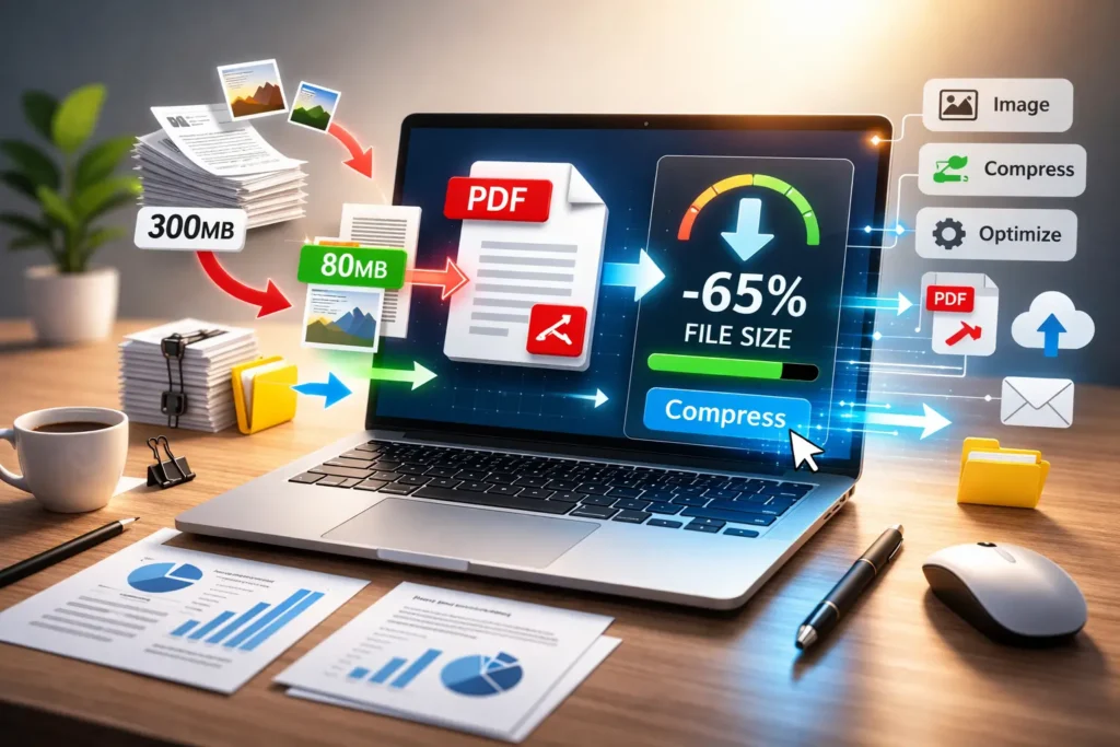 PDF 파일 용량을 줄이는 과정을 보여주는 압축 설정 화면 예시
