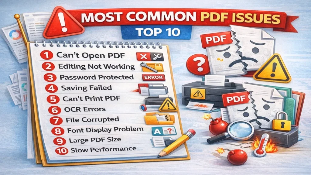 Top 10 most common PDF issues including open, edit, password, save, print, OCR, corruption and font problems