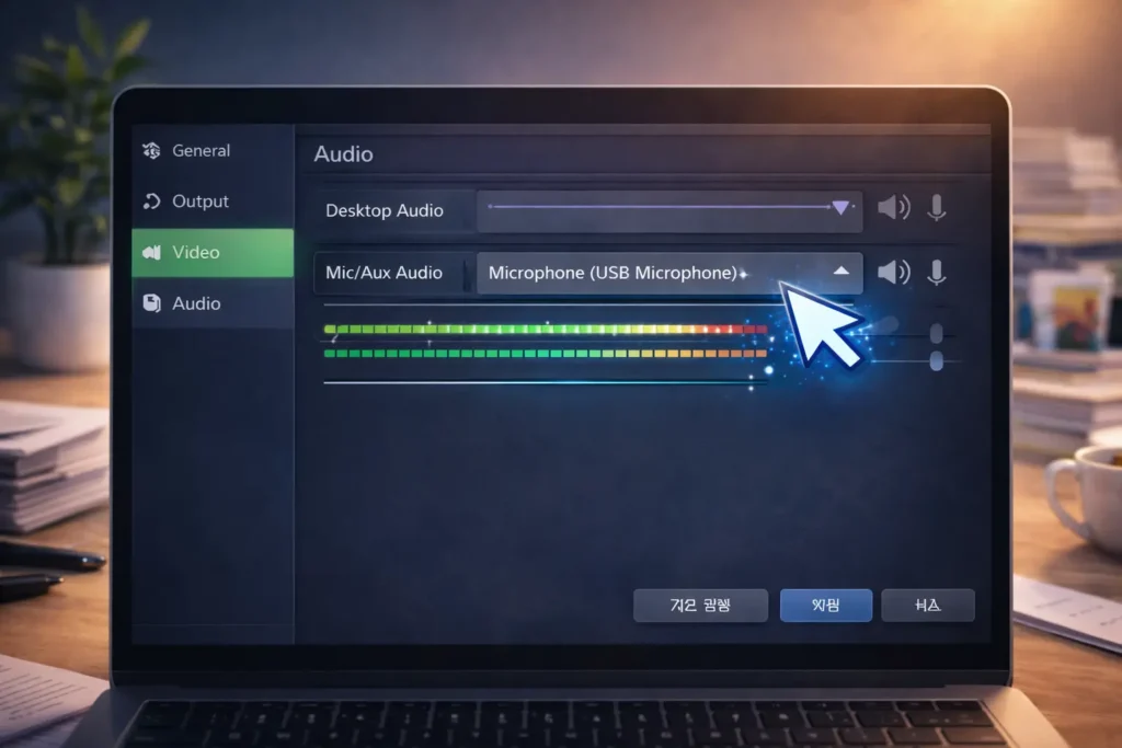 OBS 오디오 설정 화면에서 데스크톱 오디오와 마이크 장치를 선택하는 예시
