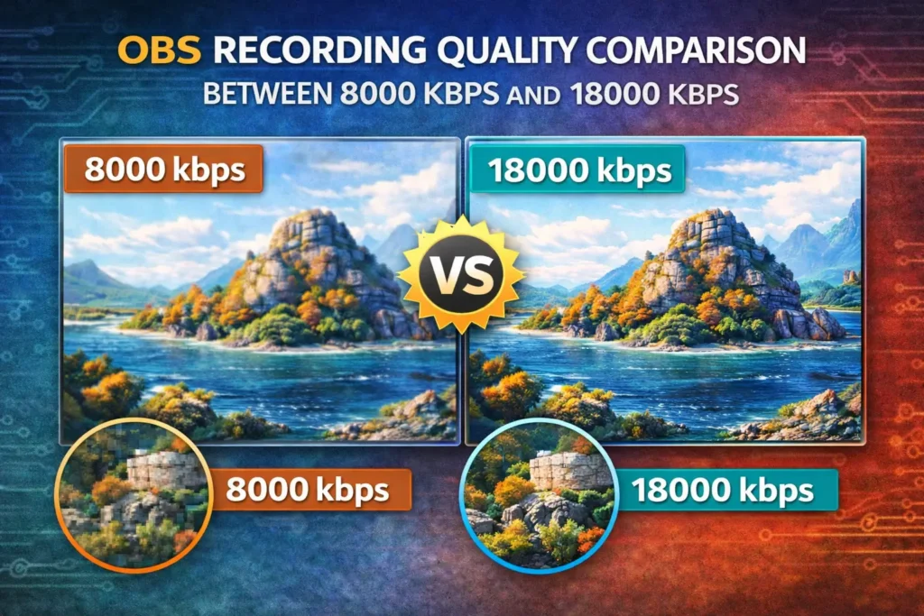 Visual comparison of OBS recording quality between 8000 kbps and 18000 kbps bitrate settings