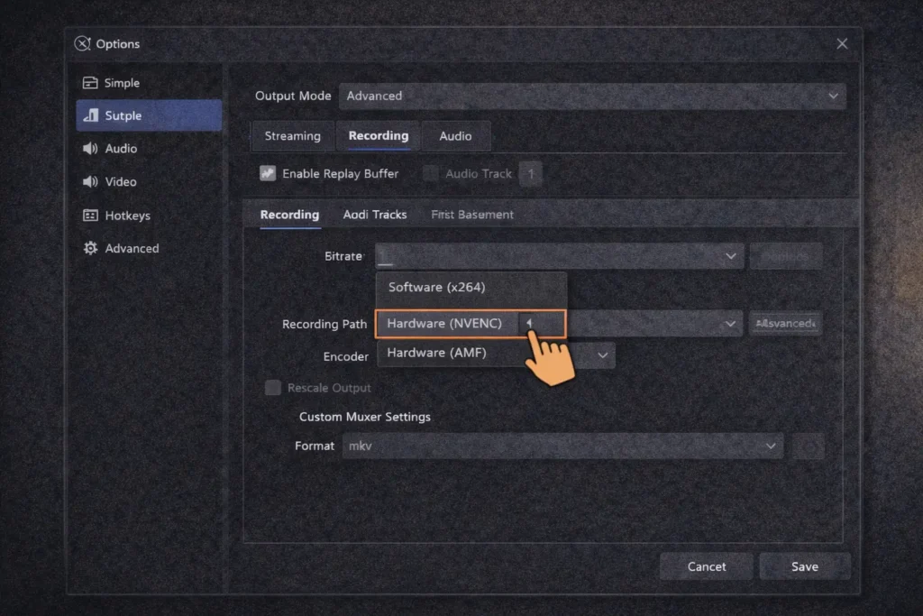 OBS Studio Recording settings showing Encoder options including Software (x264) and Hardware (NVENC)