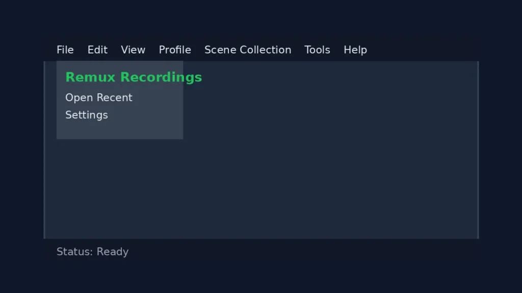 OBS File menu screen highlighting Remux Recordings option in settings interface