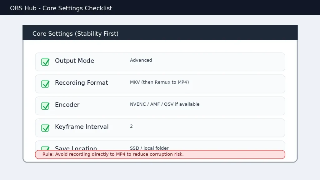 OBS core settings checklist showing advanced output mode MKV recording format GPU encoder keyframe interval and SSD save location