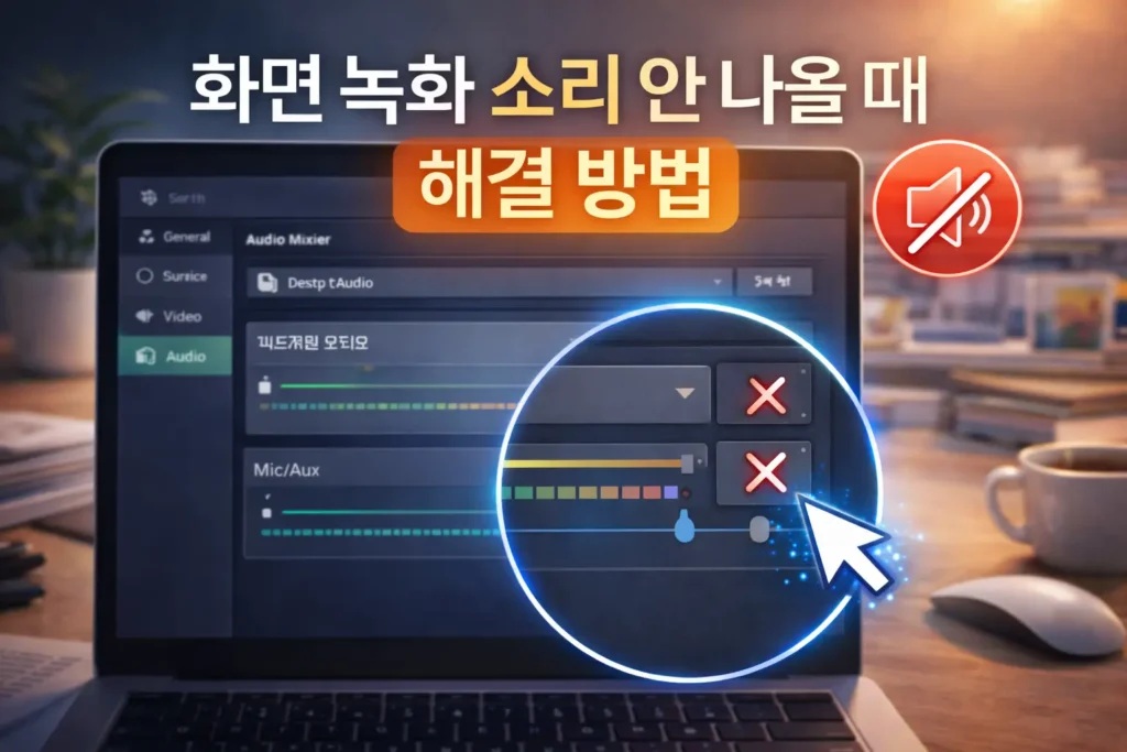 OBS 화면 녹화 시 소리가 나오지 않을 때 오디오 설정을 점검하는 화면 예시