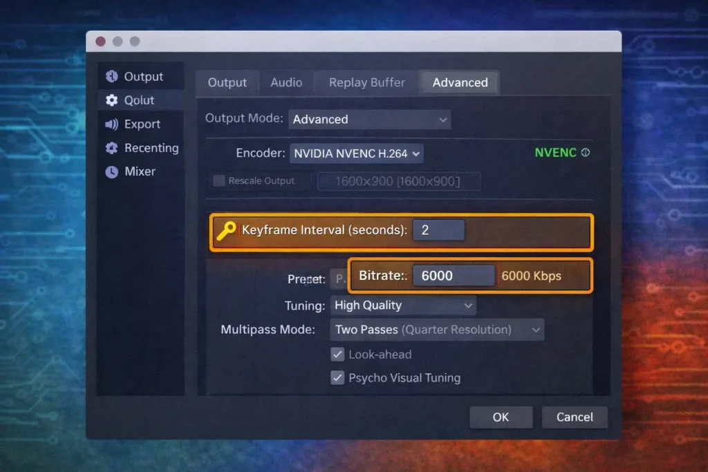 OBS advanced output settings screen showing NVENC encoder bitrate and keyframe configuration