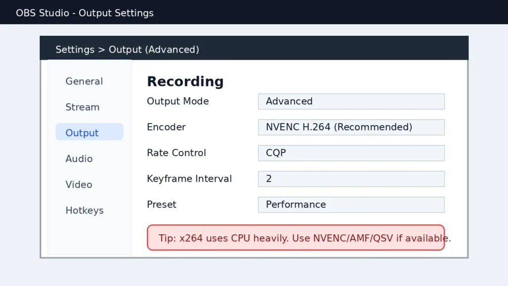 OBS advanced output settings showing NVENC encoder with CQP rate control and performance preset