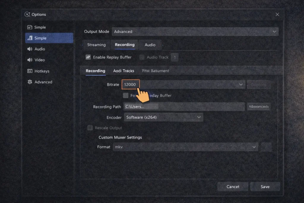 OBS Studio Output settings screen showing Recording tab with bitrate adjustment field highlighted