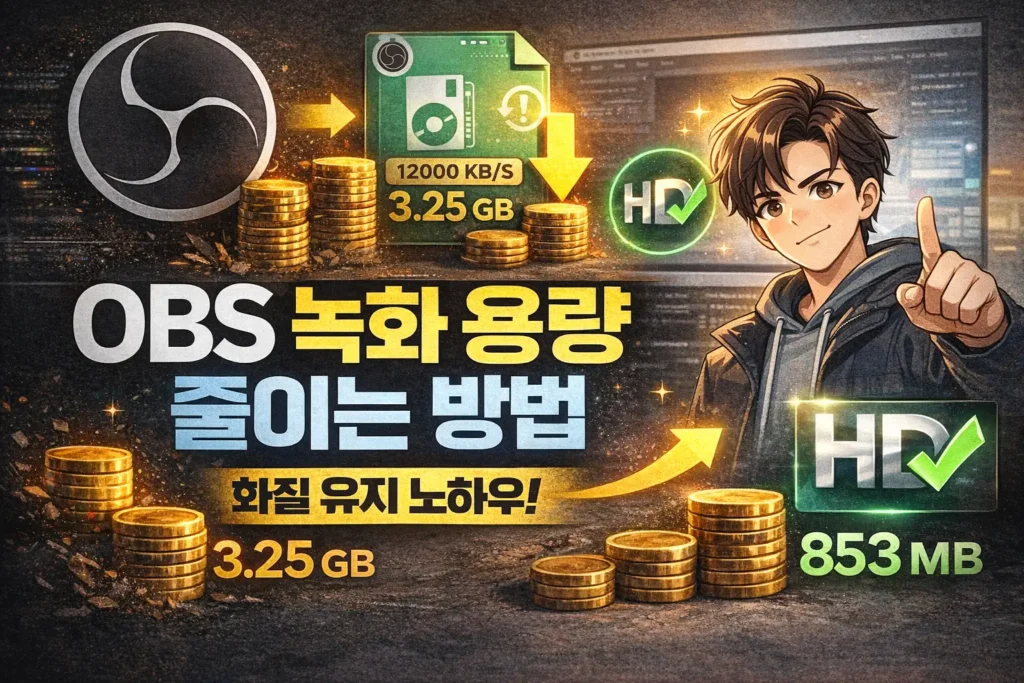 OBS recording file size reduction guide showing bitrate adjustment and high quality settings comparison