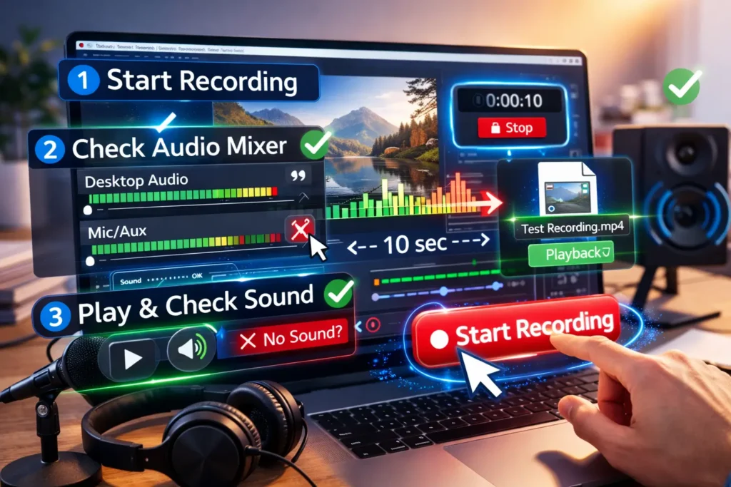 OBS에서 테스트 녹화를 진행한 후 오디오 믹서 레벨을 확인하고 재생으로 소리를 점검하는 화면 예시