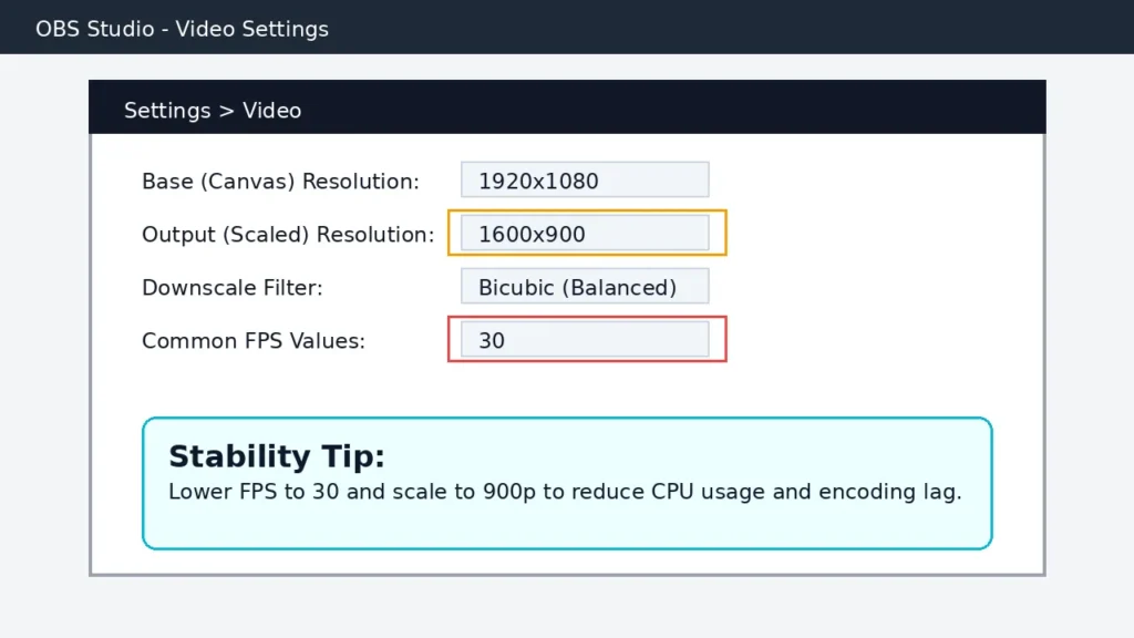 OBS video settings screen showing output resolution scaling and 30 FPS selection to improve recording stability