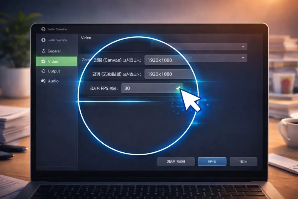 OBS 비디오 설정에서 해상도와 FPS 값을 1920x1080, 30fps로 설정하는 화면 예시