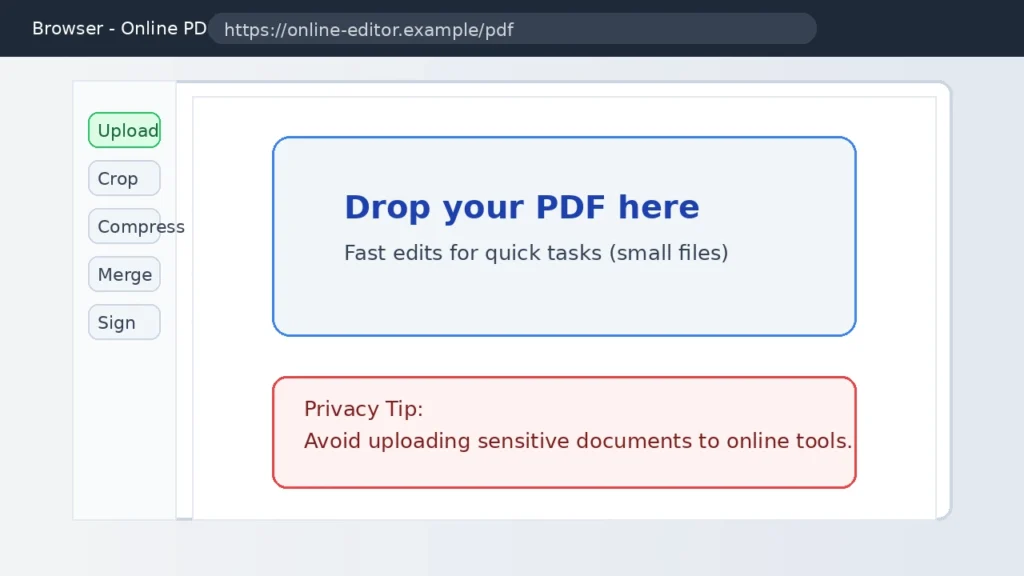 Online PDF editor in a browser showing upload tools and a drag and drop PDF workspace