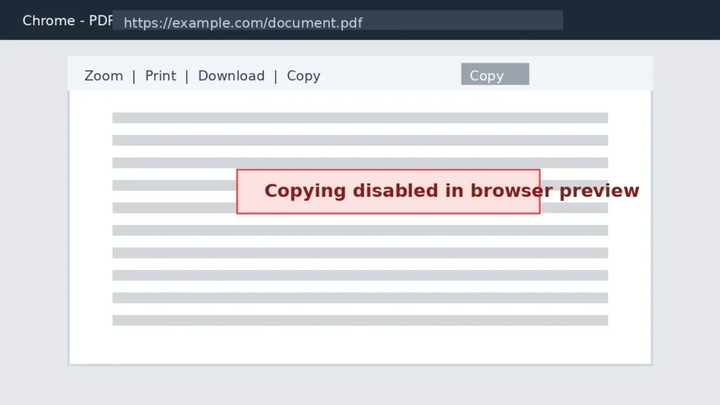 Chrome PDF viewer interface showing copy button disabled and browser preview restriction message
