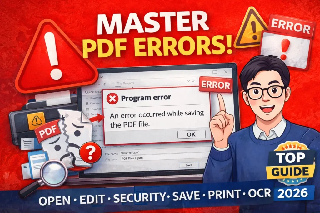 PDF complete troubleshooting guide covering open, edit, security, save, print and OCR errors in 2026