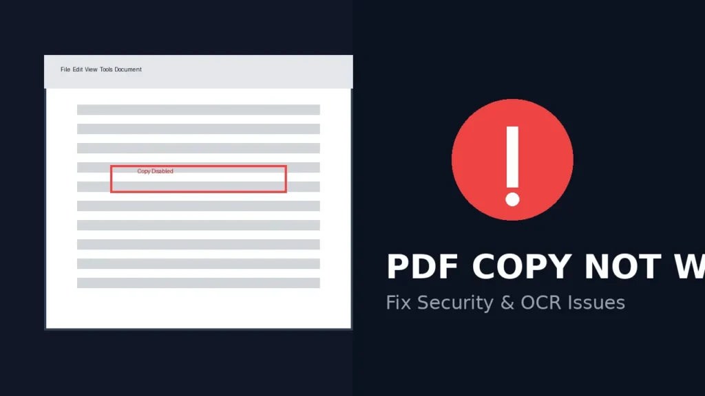 PDF editor interface showing copy disabled selection with warning icon and troubleshooting guide title