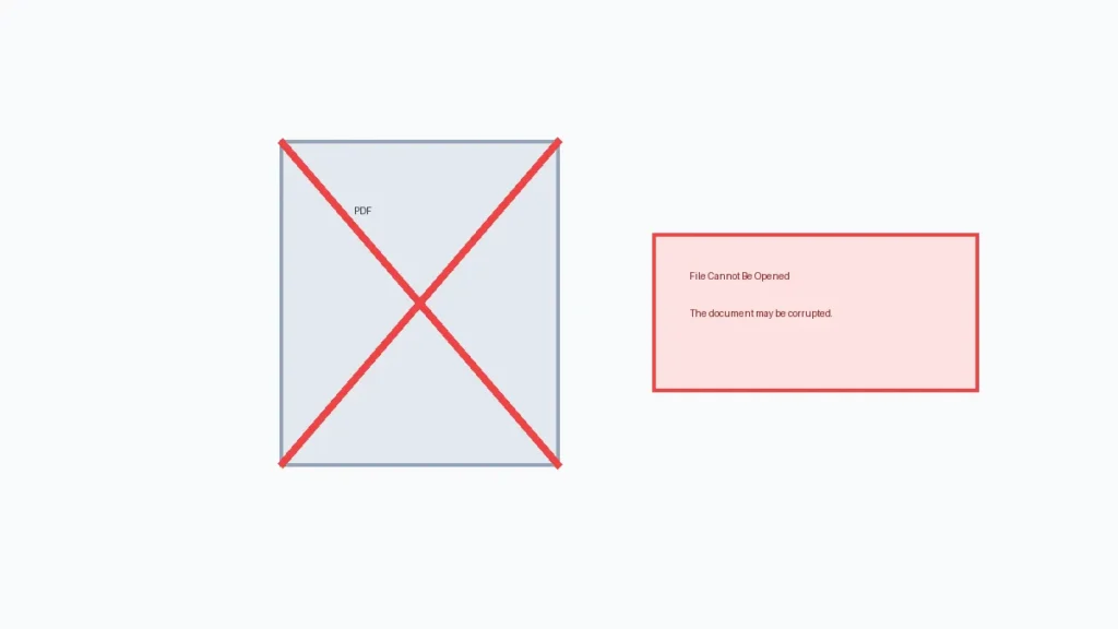 Illustration showing corrupted PDF file with error message preventing merge operation