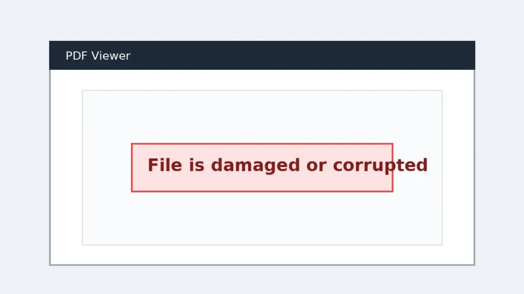PDF viewer interface showing file is damaged or corrupted error message
