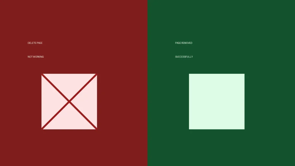 Split style thumbnail showing PDF page delete not working on left and successfully removed page on right