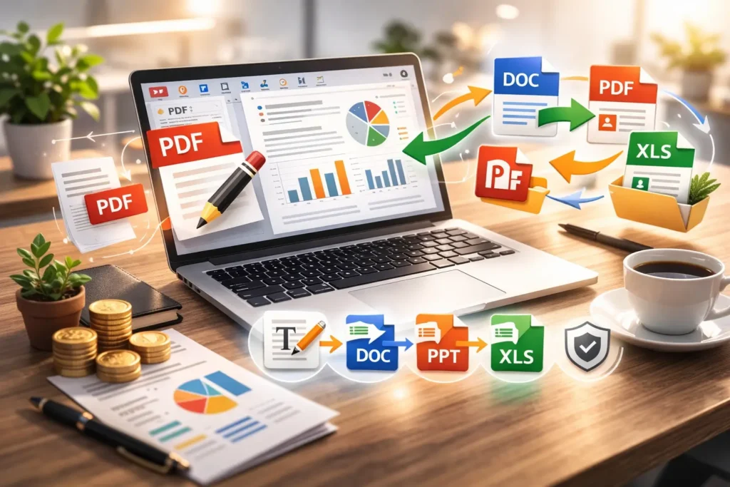 문서 편집과 PDF, DOC, XLS 파일 형식 변환을 나타내는 디지털 작업 환경 이미지