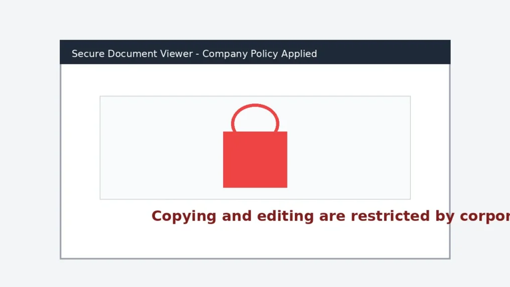 Secure document viewer interface showing copying and editing restricted by corporate DRM security policy