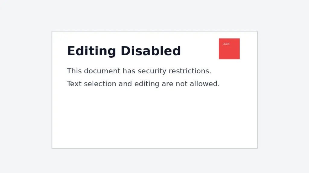 PDF document showing editing disabled due to security restriction with lock warning