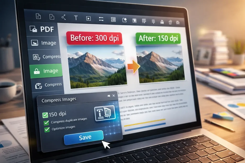 PDF 이미지 해상도를 300dpi에서 150dpi로 낮춰 용량을 줄이는 설정 화면 예시