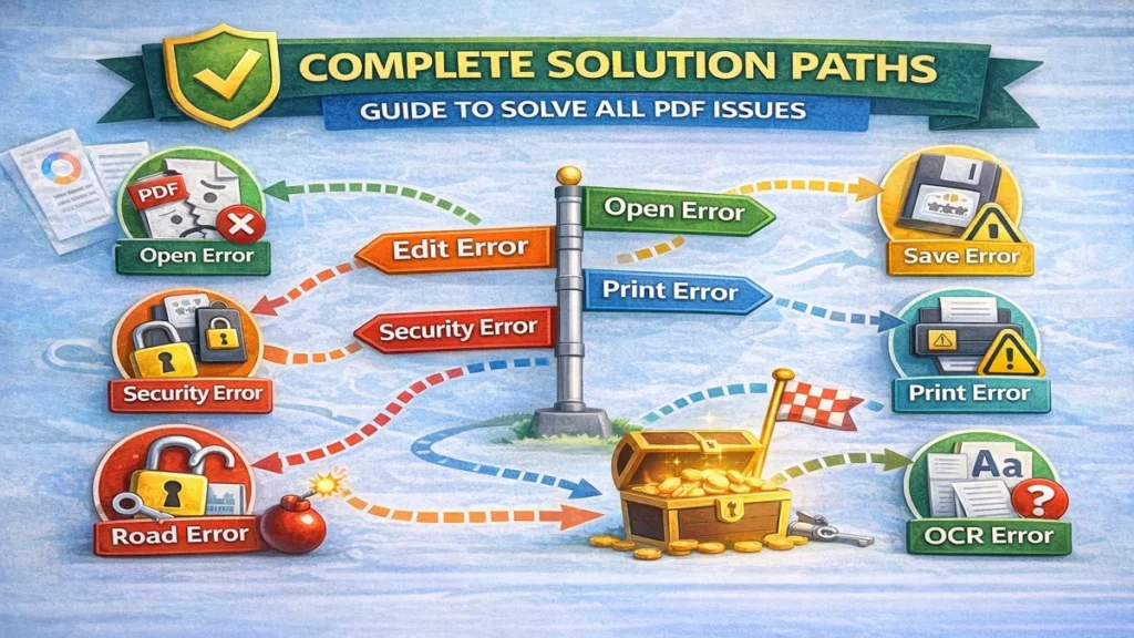 PDF issue solution paths flowchart showing open, edit, security, save, print and OCR error fixes