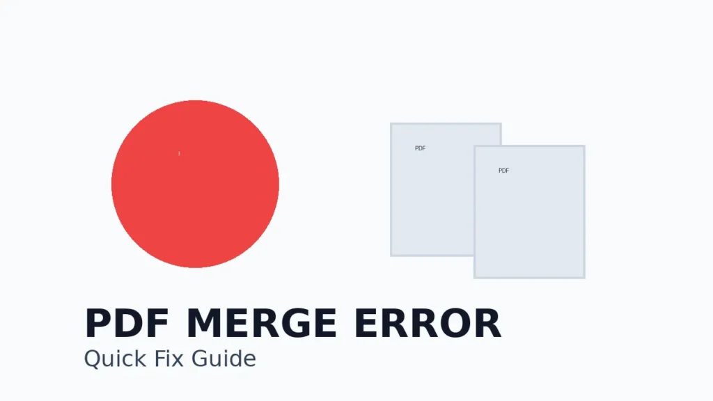Thumbnail showing PDF merge error with warning icon and stacked PDF files illustration