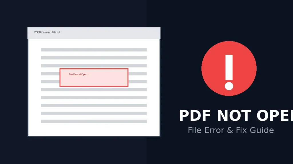 PDF document interface showing file cannot open error with warning icon for troubleshooting guide