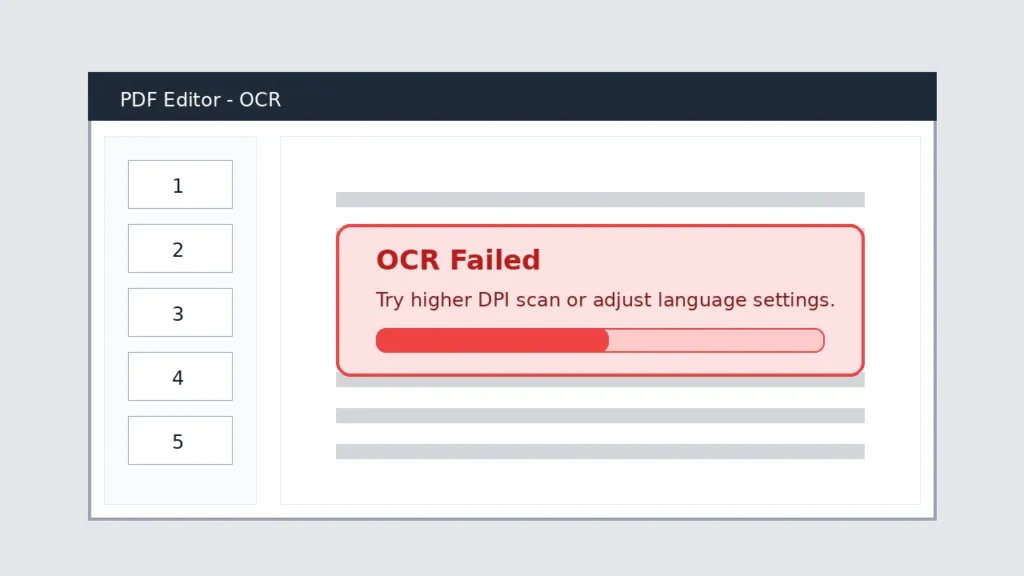 PDF editor showing OCR failed message with progress bar and suggestion to increase DPI and adjust language settings