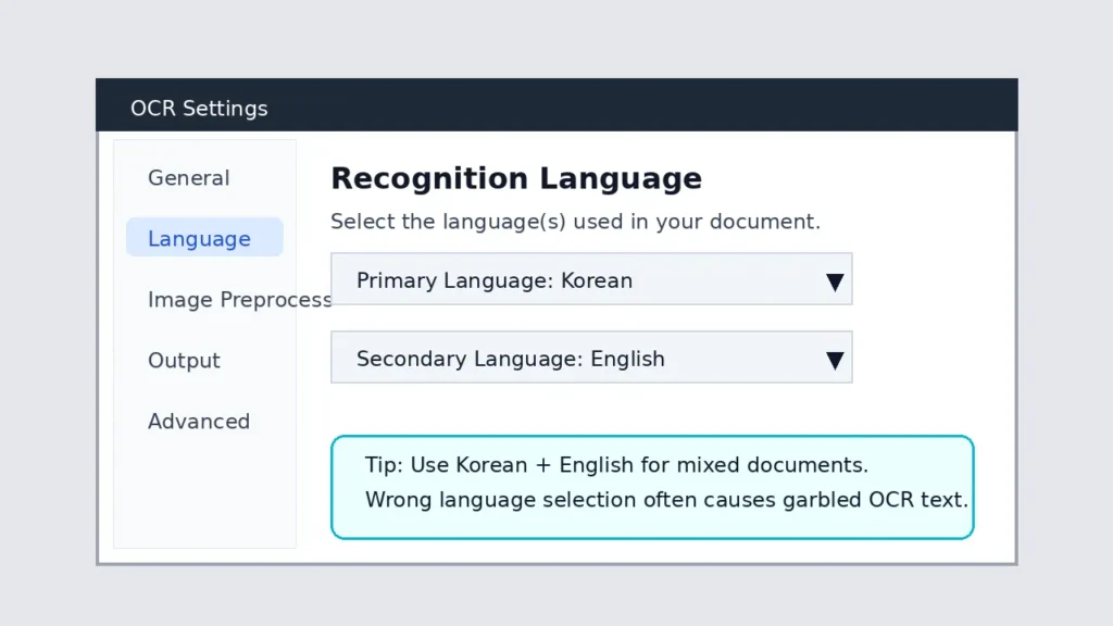 OCR settings screen showing Korean as primary language and English as secondary language for better text recognition