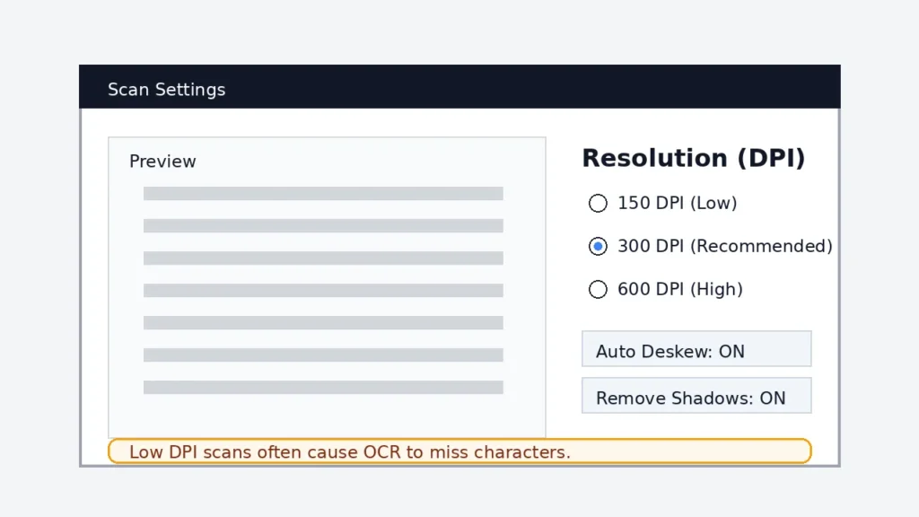 Scan settings panel showing 300 DPI recommended resolution with deskew and shadow removal enabled for OCR
