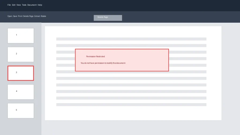 PDF editor interface showing disabled Delete Page button and permission restricted popup message