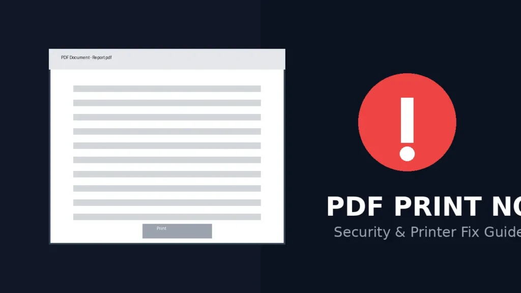 PDF document interface showing disabled print button with warning icon for troubleshooting guide