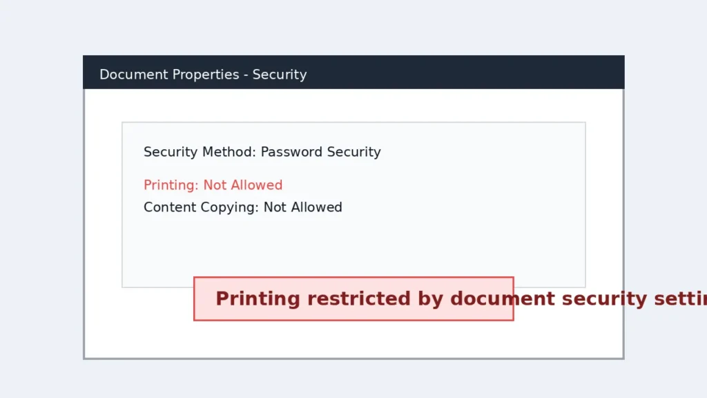 PDF document properties security screen showing printing not allowed restriction