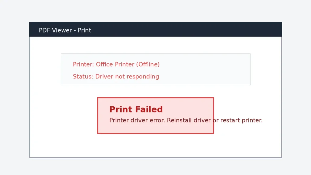 PDF viewer interface showing printer offline and driver error message during printing